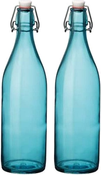 Bormioli rocco waterfles met beugeldop - Set van 2x stuks - turquoise transparant - 1000 ml - Giara home deco fles - weckflessen