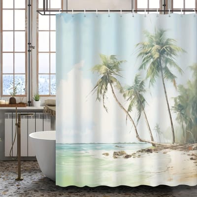 Cartoon Zomer Eiland Douchegordijn - Palmboom & Strand Design, Polyester, 12 Haken Inbegrepen, Badkamerdecoratie in Hotelstijl W90XH180cm white