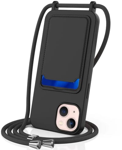 Hoesje met Koord en Pasjeshouder Geschikt voor Apple iPhone 15 | Back Cover met Crossbody Koord en Kaarthouder | Ideaal voor Festival/Vakantie | Siliconen | Zwart