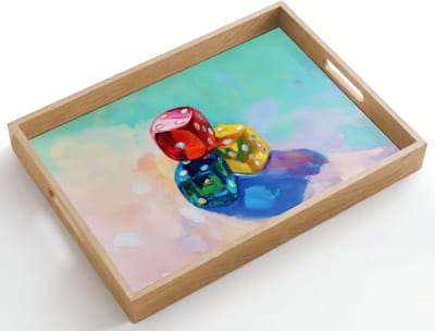 Dienblad hout 50x35 cm - Schootdienblad - Dobbelstenen - Kleurrijk - Getallen - Stipjes - Borrelplank rechthoek - Plateau dienbladen