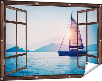 Gards Tuinposter Doorkijk Zeilboot bij Zonsondergang - 120x80 cm - Tuindoek - Tuindecoratie - Wanddecoratie buiten - Tuinschilderij