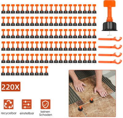 Herbruikbare tegels levelling systeem set voor vloertegels en wandtegels 220 stuks - Tegels Levelling Systeem Set - Herbruikbaar Tegelnivelleringssysteem - Perfecte Tegeluitlijning in een Handomdraai