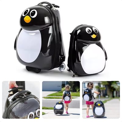 Kindertrolley en Rugzak Set - Kinder Koffer - Handbagage voor Kindereb - Pinguin - Handbagage Koffer ABS - 44x20x30 cm - Inclusief EBOOK