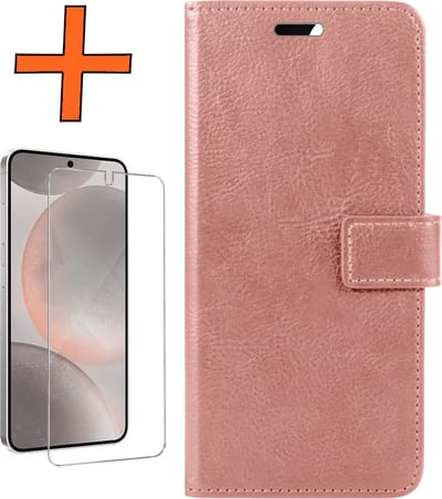 Hoes - Met Screenprotector - Geschikt voor Samsung Galaxy S24 - Luxe Pasjeshouder - Bookcase Portemonee - Flip Case - Kunstleer Book Case - Flipcase - Book Cover - Walletcase - PortemonneeHoes - Rosé goud