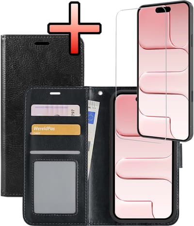Hoesje - Met Screenprotector - Geschikt voor Apple iPhone Air - Luxe Pasjeshouder - Bookcase Portemonee - Flip Case - Kunstleer Book Case - Flipcase - Book Cover - Walletcase - Portemonneehoes - Zwart