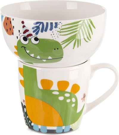 Kinderbeker met kom Porselein Dinosaurus 2 delig - Drinkbeker - Kinder Beker - Mok voor Kinderen - Kindermok - Kinderkom - Baby Kommetje - Kinderkommetje - Kom - Kommen - Schaaltje - Schaal