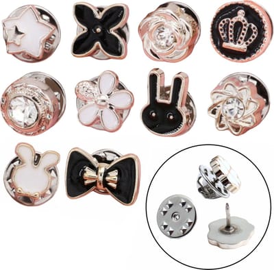Fako Bijoux - Pin Broche Mini - Steek Pin Knopen Set - 10 Mini Broches - 8-12mm - Silver, Gold, Black, White & Shiny - 10 Stuks - Zilver, Goud, Zwart & Wit - Serie 5