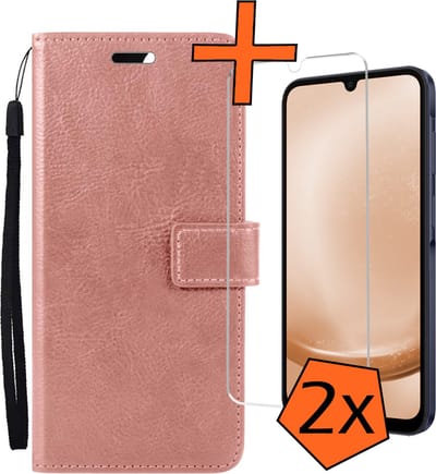 Hoes - Met 2x Screenprotector - Geschikt voor Samsung Galaxy A25 - Luxe Pasjeshouder - Bookcase Portemonee - Flip Case - Kunstleer Book Case - Flipcase Hoes - Book Cover - Walletcase - PortemonneeHoes - Rosé goud