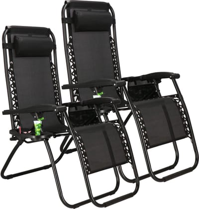 Springos Tuinstoel | Ligstoel | Opvouwbaar | Verstelbaar | Ergonomische hoofdsteun | 2 Stuks | Zwart