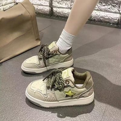 Automne Rétro Style Vieux Collège Chaussures d'Entraînement Moral Décontractées Quotidiennes Étoile à Cinq Branches Semelle Plate à Lacets Chaussures Simples Chaussures de Planche 40 vert