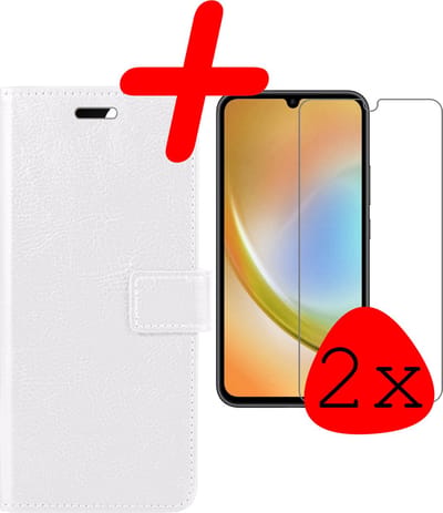 Hoesje Met 2x Screenprotector - Geschikt voor Samsung Galaxy A34 - Luxe Pasjeshouder - Bookcase Portemonee - Flip Case - Kunstleer Book Case - Flipcase Hoes - Book Cover - Walletcase - Portemonneehoes - Wit