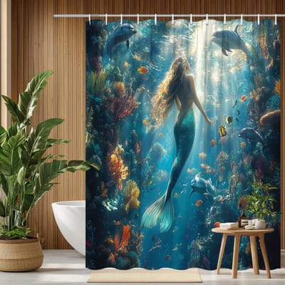 Zeemeermin Douchegordijn Onderwater Oceaan Tafeel Dolfijnen Vissen Koraalrif Kunst Fantasie Decor Waterdichte Stof Badkamer Gordijn Set Huis W90H180(CM)-1 Pcs