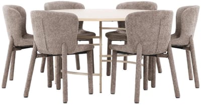 Copenhagen eethoek tafel Ø140cm en 6 stoelen whitewash, bruin.