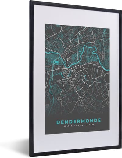 Fotolijst incl. Poster - Stadskaart – Grijs - Kaart – Dendermonde – België – Plattegrond - 40x60 cm - Posterlijst
