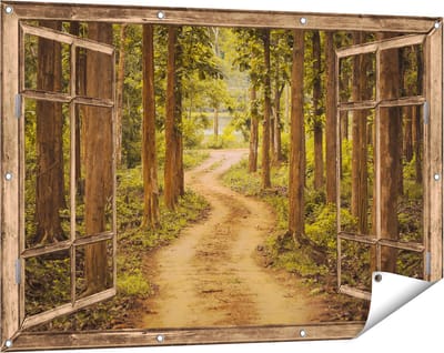 Gards Tuinposter Doorkijk Pad in het Bos met Bomen - 120x80 cm - Tuindoek - Tuindecoratie - Wanddecoratie buiten - Tuinschilderij