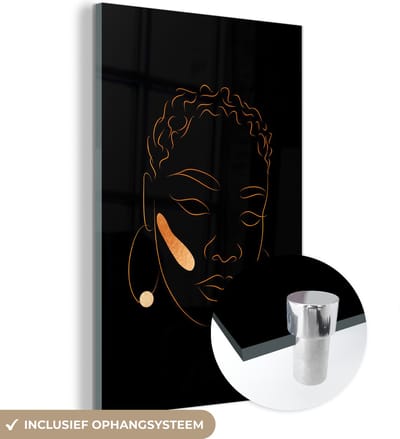MuchoWow® Glasschilderij 40x60 cm - Schilderij acrylglas - Vrouw - Black - Gold - Line art - Foto op glas - Schilderijen