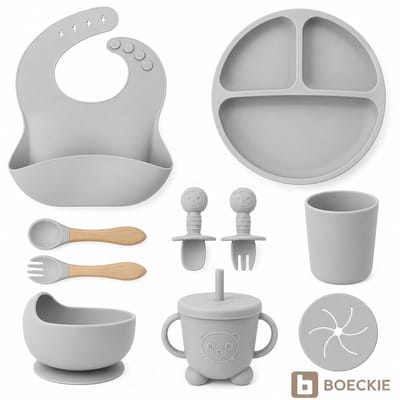 BOECKIE Siliconen Kinderservies 9-delig - Babyservies met Zuignap Grijs Grey