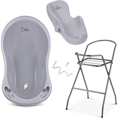 Zylo® Baby Badje met Standaard - Baby Badje - Inklapbaar Bad - met Badzitje - Verschillende Sets voor Pasgeborenen - 46x27x86cm - Grijs