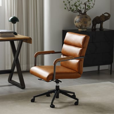 Bureaustoel - lederen ergonomische bureaustoel - in hoogte verstelbare directiestoel - bruine computerstoel met wielen - 73x59x87cm - Draaibaar - Kantoor Bruin