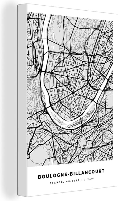 Canvas Schilderij Plattegrond - Boulogne-Billancourt - Stadskaart - Kaart - Frankrijk - 20x30 cm - Wanddecoratie