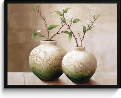 Poster in lijst - Fotolijst 80x60 cm - Posters - Bloemen - Vaas - Wit - Botanisch - Beige - Posterlijst zwart - Wanddecoratie badkamer - Muurdecoratie WC - Decoratieve accessoires - Toilet muur decoratie
