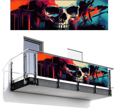 Balkonscherm 300x95 cm - Balkonposter Schedel - Abstract - Rood - Blauw - Graffiti - Balkon scherm decoratie - Balkonschermen - Balkondoek zonnescherm