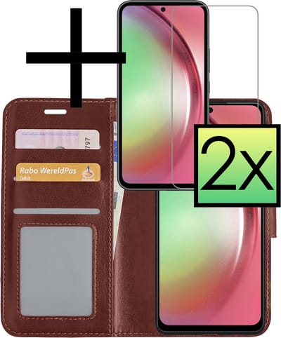 Hoesje - Met 2x Screenprotector - Geschikt voor Samsung Galaxy A54 - Luxe Pasjeshouder - Bookcase Portemonee - Flip Case - Kunstleer Book Case - Flipcase Hoes - Book Cover - Walletcase - Portemonneehoes - Bruin