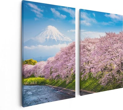 Artaza Canvas Schilderij Tweeluik Roze Bloesembomen Bij De Fuji Berg - 80x60 cm - Wanddecoratie Woonkamer - Schilderijen - Muurdecoratie