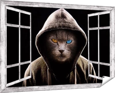 Gards Tuinposter Doorkijk Boze Kat Draagt een Hoodie - 180x120 cm - Tuindoek - Tuindecoratie - Wanddecoratie buiten - Tuinschilderij