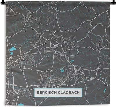 Wandkleed - Wanddoek - Bergisch Gladbach – Stadskaart – Blauw – Plattegrond – Stadskaart – Kaart - Duitsland - 180x180 cm - Wandtapijt