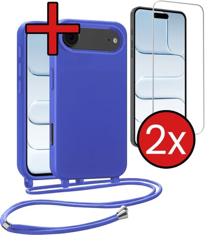 Hoesje Geschikt voor iPhone Air Hoesje Siliconen Case Met Koord Met 2x Screenprotector - Hoes Geschikt voor iPhone Air Hoesje Backcover Met Telefoonkoord - Felblauw