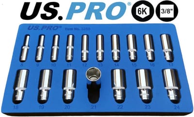 Doppenset met lange / diepe doppen in foam inlay 8-24 mm 6-kant 3/8" 17-delig