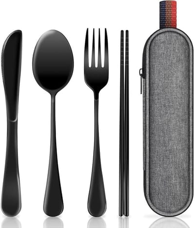 Roestvrijstalen bestekset (één stuk), draagbaar reisbestek met opbergdoos, 4-delige kampeerset inclusief mes, vork, lepel en metalen eetstokjes, herbruikbaar - geschikt voor lunch op het werk (zwart).