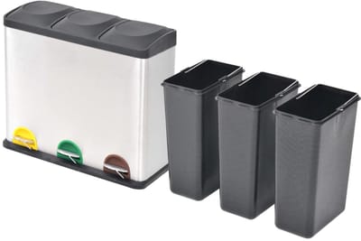 Prullenbak 3 vakken - Afvalscheiding - 3 x 18 L inhoud - Trio Pedaalemmer Zilver en Zwart - Afvalemmer 54 Liter - Recycle Afvalbak - Afvalscheidingsprullenbak - Hygiënisch Afval Scheiden - Keuken Vuilbak - Kantoor Prullenbakk - Zilver en Zwart