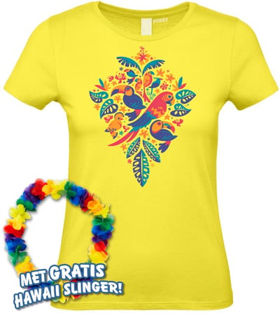 Dames t-shirt Tropicana Birds | Toppers in Concert 2024 | Club Tropicana | Hawaii Shirt | Ibiza Kleding | Lichtgeel Dames | maat XS