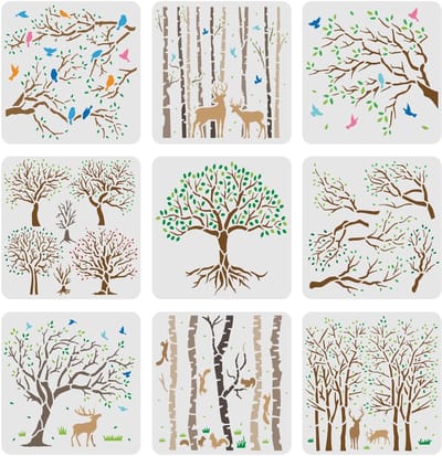 Dailygoods- Boomsjablonen 9 Stuks - Herbruikbaar - 20 x 20 cm - Verf/Sjablonen - Schilderen op Hout/Papier/Stof - Creatieve Inspiratie - Schilderstencils