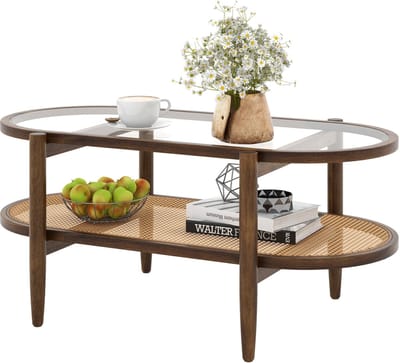 COSTWAY Salontafel, bijzettafel met glazen tafelblad en rotan plank, woonkamertafel met houten poten en houten frame, koffietafel voor woonkamer, kantoor, 102 x 56 x 47 cm