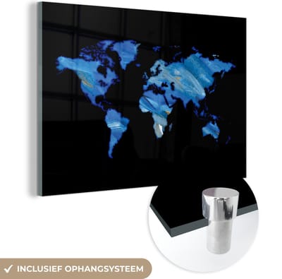 ® Glasschilderij 150x100 cm - Schilderij acrylglas - Wereldkaart - Zwart- Waterverf - Foto op glas - Muurdecoratie woonkamer - Wanddecoratie slaapkamer - Schilderijen