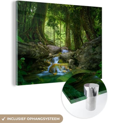 Glasschilderij - Foto op glas - Stenen - Rivier - Jungle - Boom - Groen - Schilderij glas - Schilderijen woonkamer - Wanddecoratie - 160x120 cm - Muurdecoratie - Acrylglas