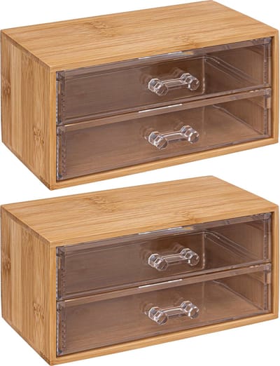 2x stuks 5five sieraden/make-up organizer - 2 lades - 19 x 12 cm - rechthoek - bamboe/kunststof - opbergen