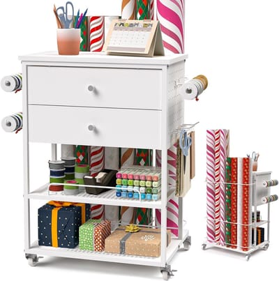 Mobiele Geschenkpapier Opbergwagen met Opslag voor Lint en Cadeautas - Knutselorganizer