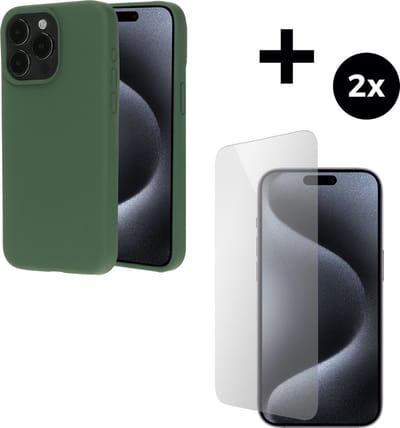 Mobiparts Silicone Cover hoesje geschikt voor Apple iPhone 15 Pro Max met 2 Screenprotectors van Gehard Glas - Groen