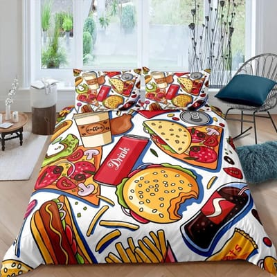 Ensemble Housse de Couette Fast Food Américain Taille Complète Polyester Imprimé Pizza Hotdog Hamburger Ensemble de Literie Frites Dessin Animé Housse de Couette 90x200cm