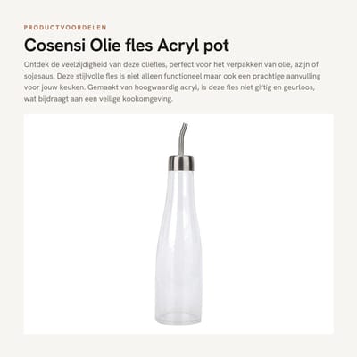 Solidchoice- Oliefles 300 ml - Acryl - Lekvrij - Druppel schenktuit - Keuken tool - Duurzaam materiaal - Transparant ontwerp - Kruidenfles