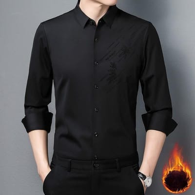 Winter Fluwelen Gewatteerd Shirt Heren High-End Elasticiteit Spoorloos Shirt Heren Lange Mouw Casual Zakelijk Shirt Heren XXXXL black