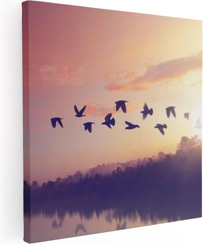 Artaza Canvas Schilderij Vogels - 80x80 cm - Wanddecoratie Zonsondergang - Muurdecoratie Meer - Schilderijen Op Canvas