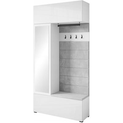 Moderne garderobekast hal kast met spiegel zitje en planken fronten wit glans corpus wit mat