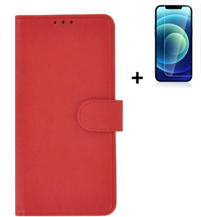 Hoesje Geschikt voor iPhone 13 Mini + Screenprotector iPhone 13 Mini - iPhone 13 Mini Hoes Wallet Bookcase Rood + Tempered Glass