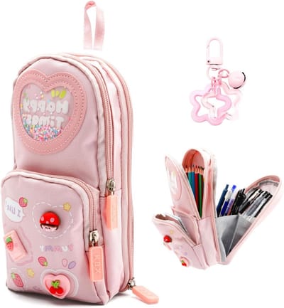Grote Capaciteit Pennenbak voor Meisjes met 3 Compartimenten - Aesthetic Pennenbak met Schattige Hanger - Roze Pennenbak - Schoolbenodigdheden