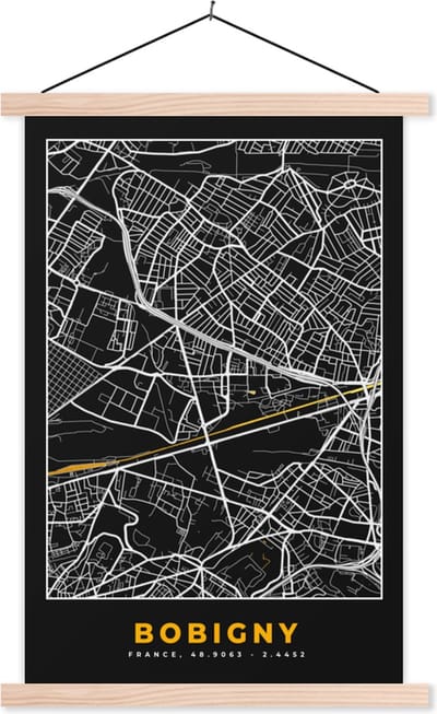 Posterhanger incl. Poster 40x60 cm - Schoolplaat - Stadskaart – Plattegrond – Kaart – Frankrijk - Bobigny - Textielposter - Blanke latten - Stadskaart